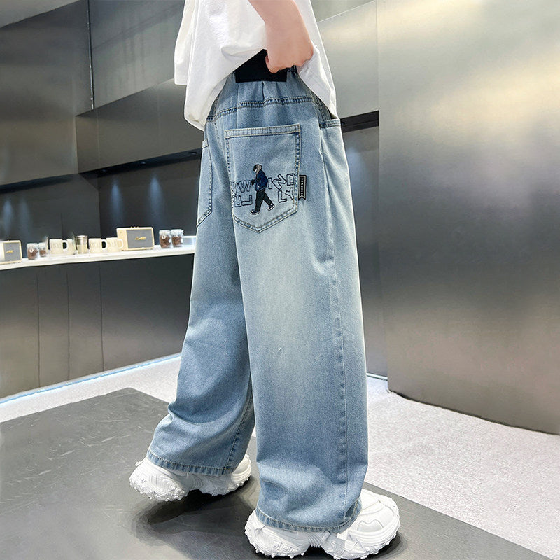 Unisex Weit geschnittene Denim-Hose mit kreativem Stickdesign Echo Archiv