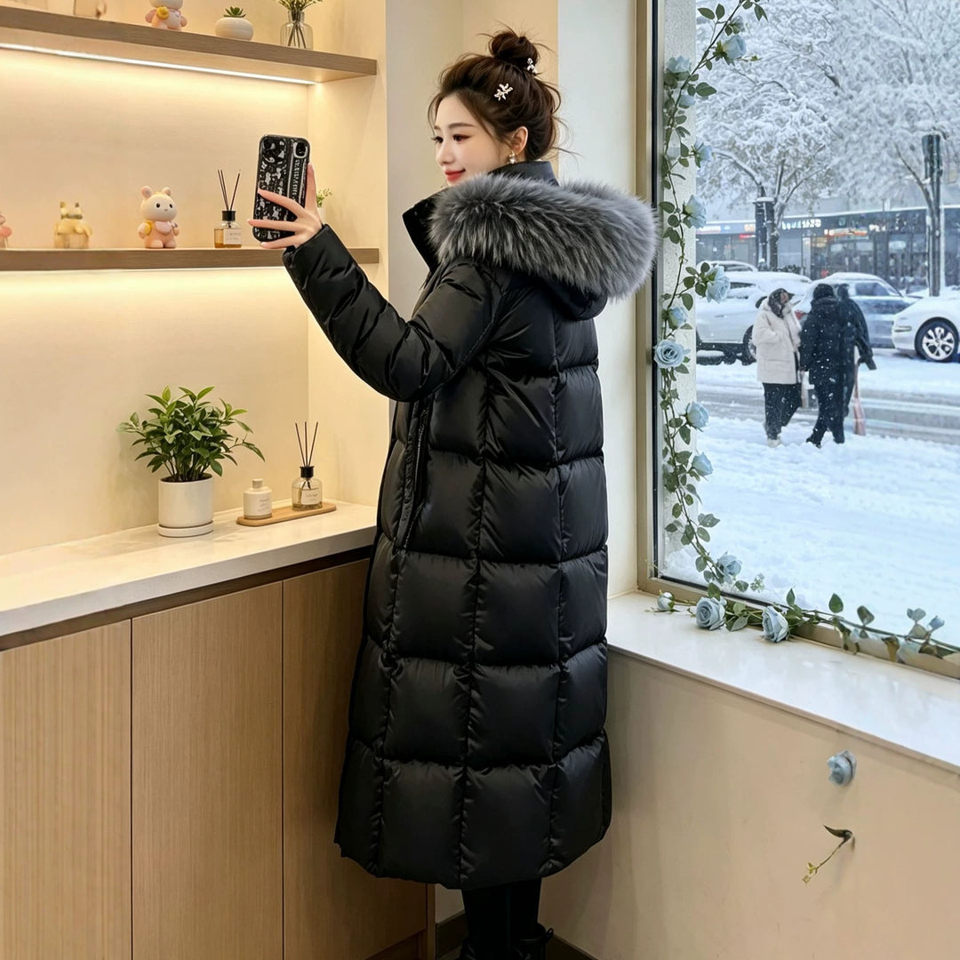Damen Lange Daunenjacke mit Kunstfellkragen Echoarchiv