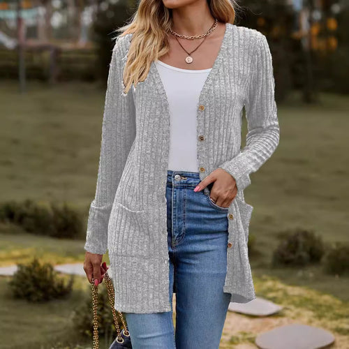 Damen nan langer gerippter Strickcardigan mit Eingrifftaschen und Holzknöpfen Echo Archiv