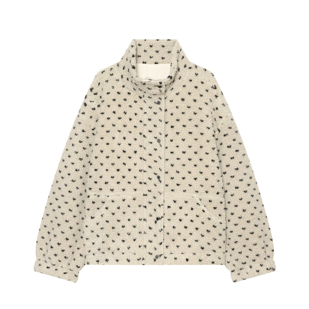 Damen Kurze Teddyjacke mit Stehkragen und Punktmuster Echoarchiv
