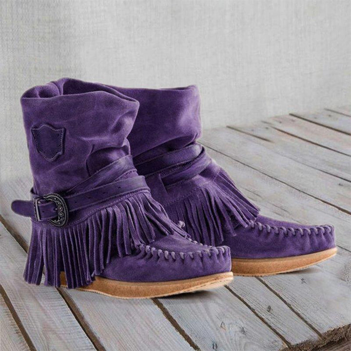 Damen nan Mokassin-Stiefelette mit Fransen, dekorativer Zierschnalle und handgenähter Mokassin-Naht Echo Archiv