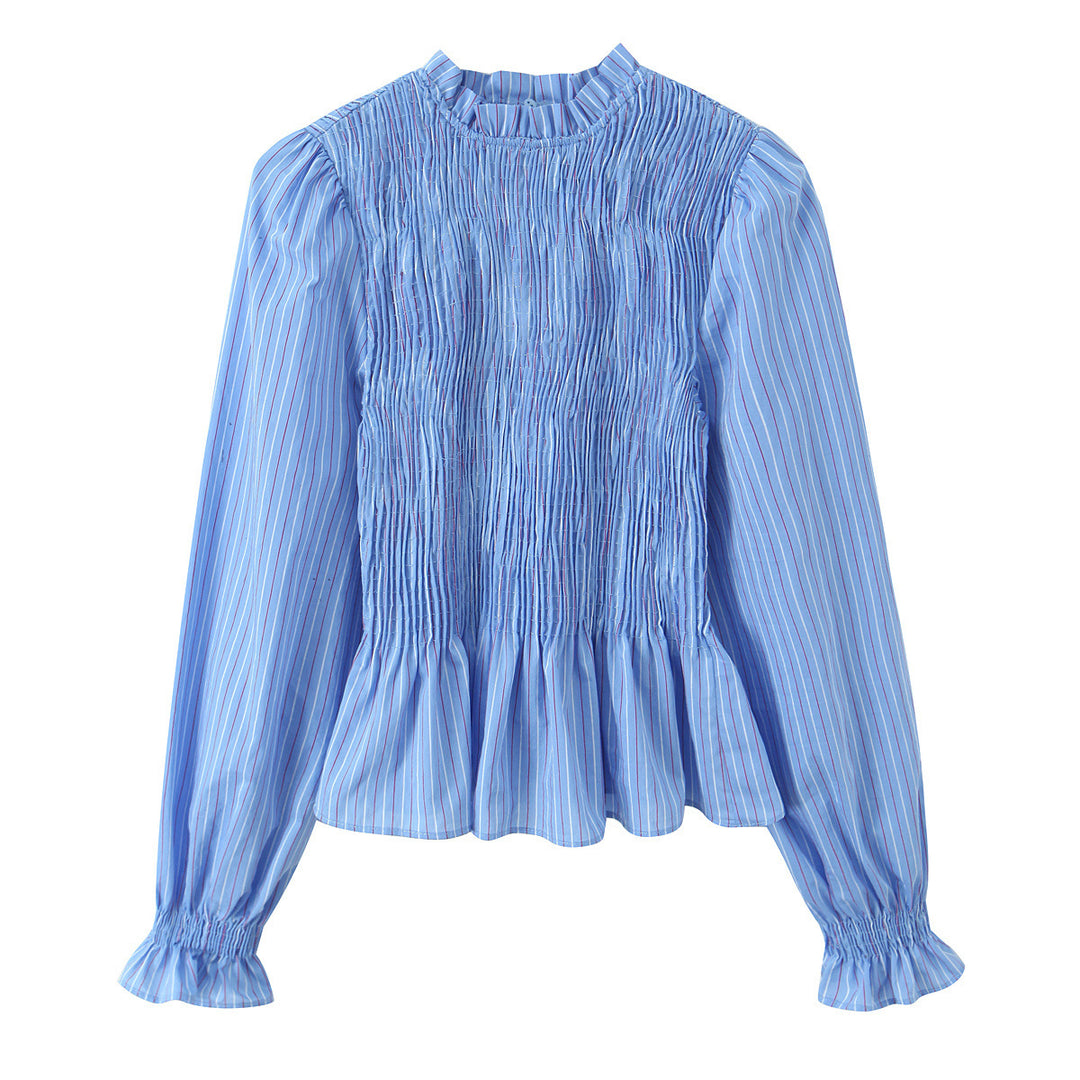Damen Gestreifte Bluse mit Smok-Front, Stehkragen und Volant-Saum Echo Archiv