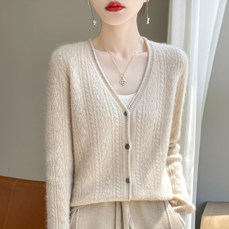 Damen Kurzer Zopfmuster-Cardigan im Mohair-Look mit V‑Ausschnitt und gerippten Bündchen Echoarchiv