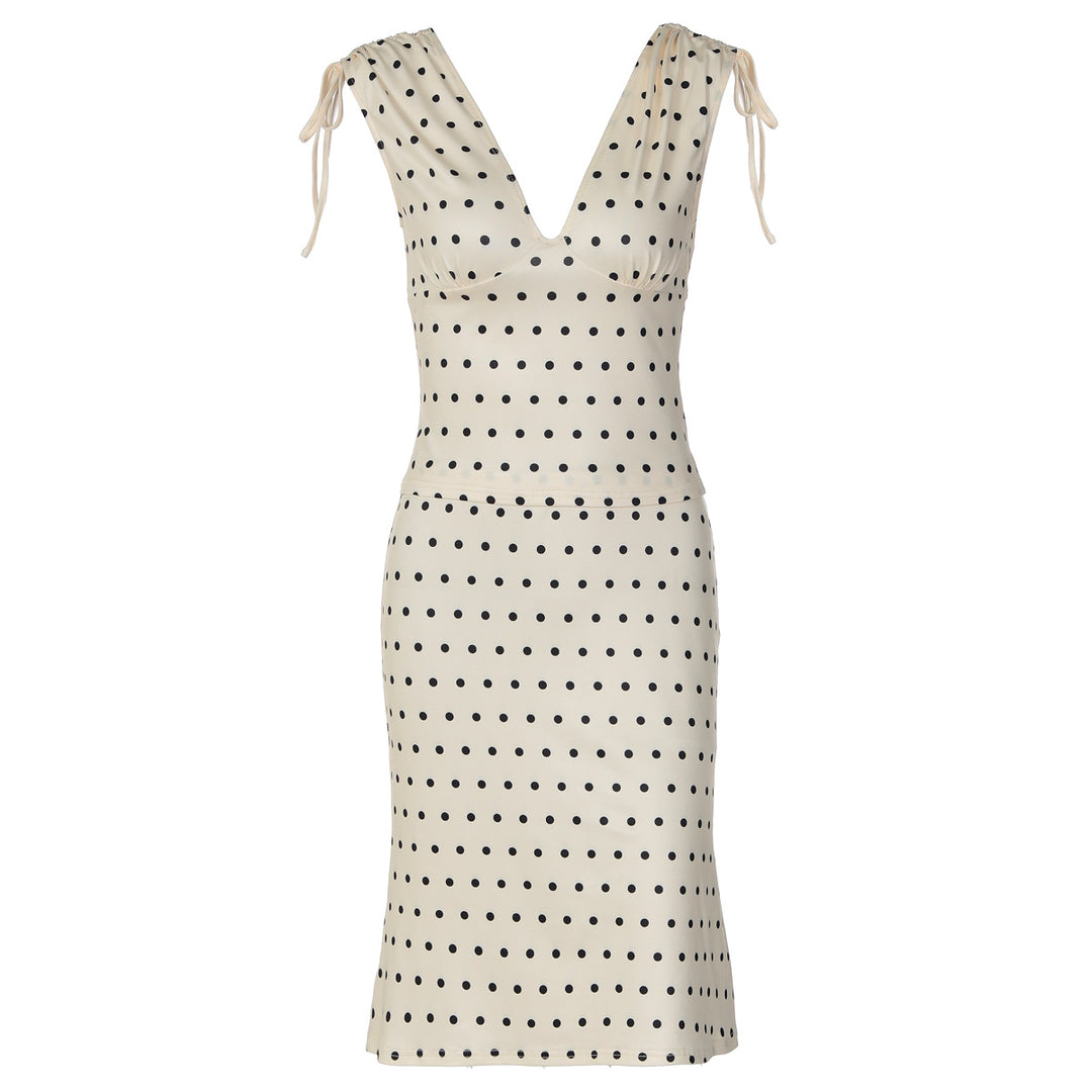 Damen Elegantes Polka-Dot Kleid mit tiefem V-Ausschnitt und verstellbaren Schulterbändern Echo Archiv
