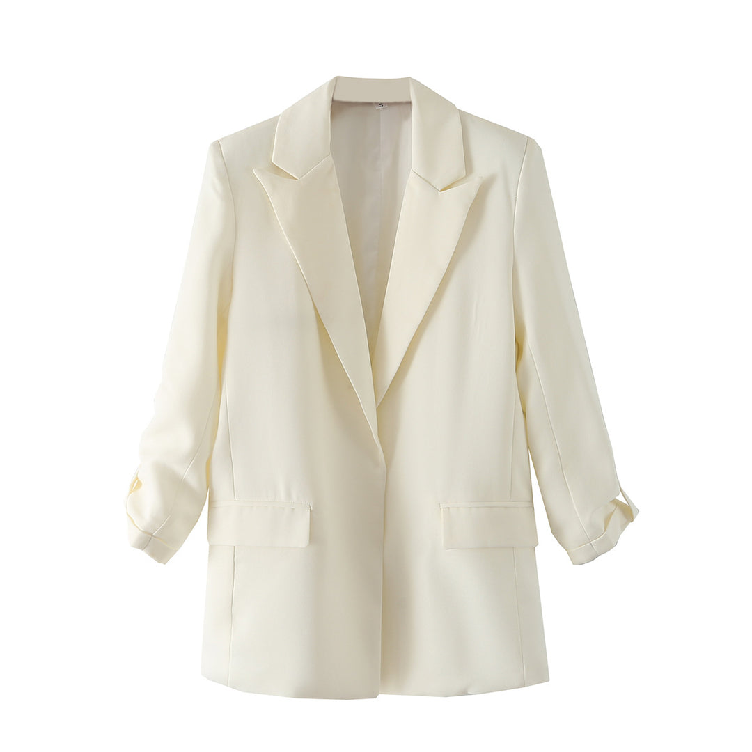 Damen lang geschnittener Oversize-Blazer mit weitem Revers aufgesetzten Pattentaschen und krempelbaren Ärmeln – Valéne