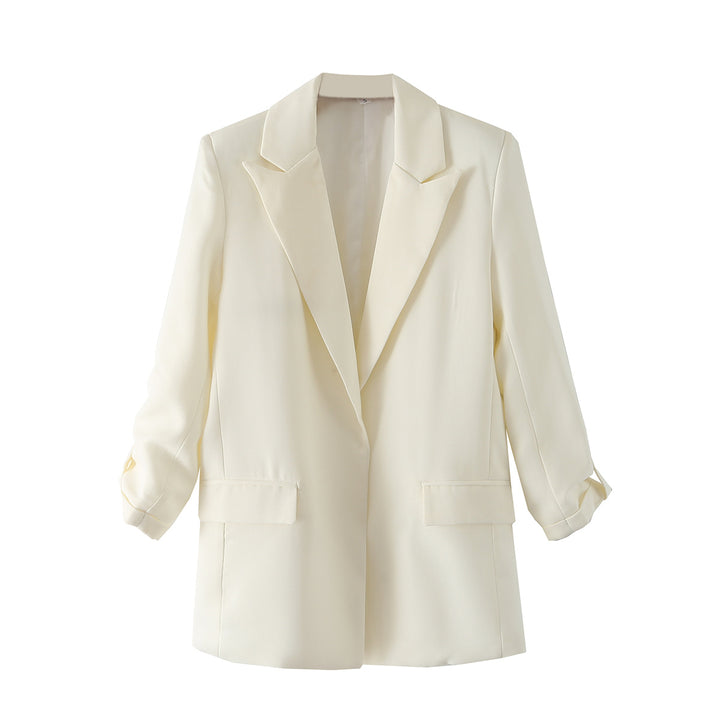 Damen lang geschnittener Oversize-Blazer mit weitem Revers aufgesetzten Pattentaschen und krempelbaren Ärmeln – Valéne