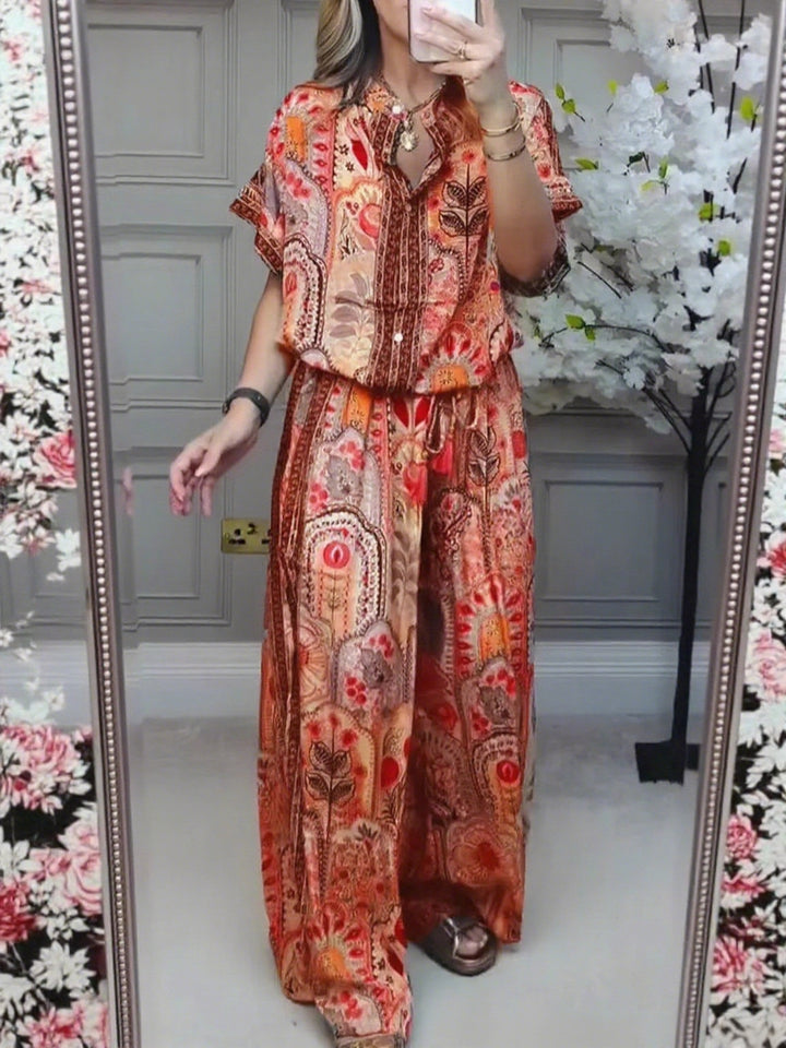 Damen nan Boho-Zweiteiler aus leichter Viskose mit Kurzarmbluse Knopfleiste Kordelbund und weitem Palazzohose Echo Archiv