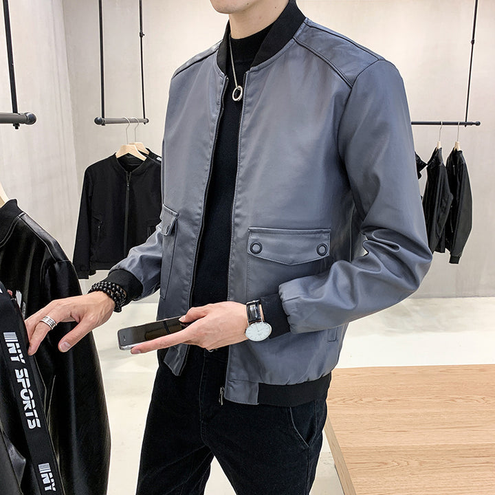 Herren Kunstleder-Bomberjacke im Aviator-Minimalstil mit Pattentaschen und Rippbündchen Echoarchiv