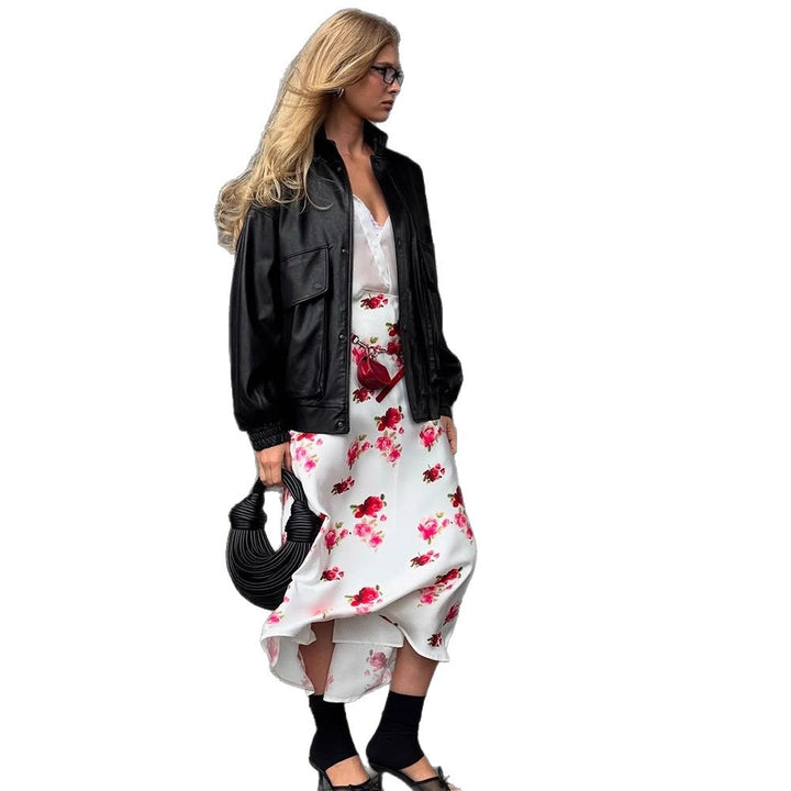 Damen Boxy-Lederimitat-Blouson mit Stehkragen und gerafften Bündchen Echoarchiv