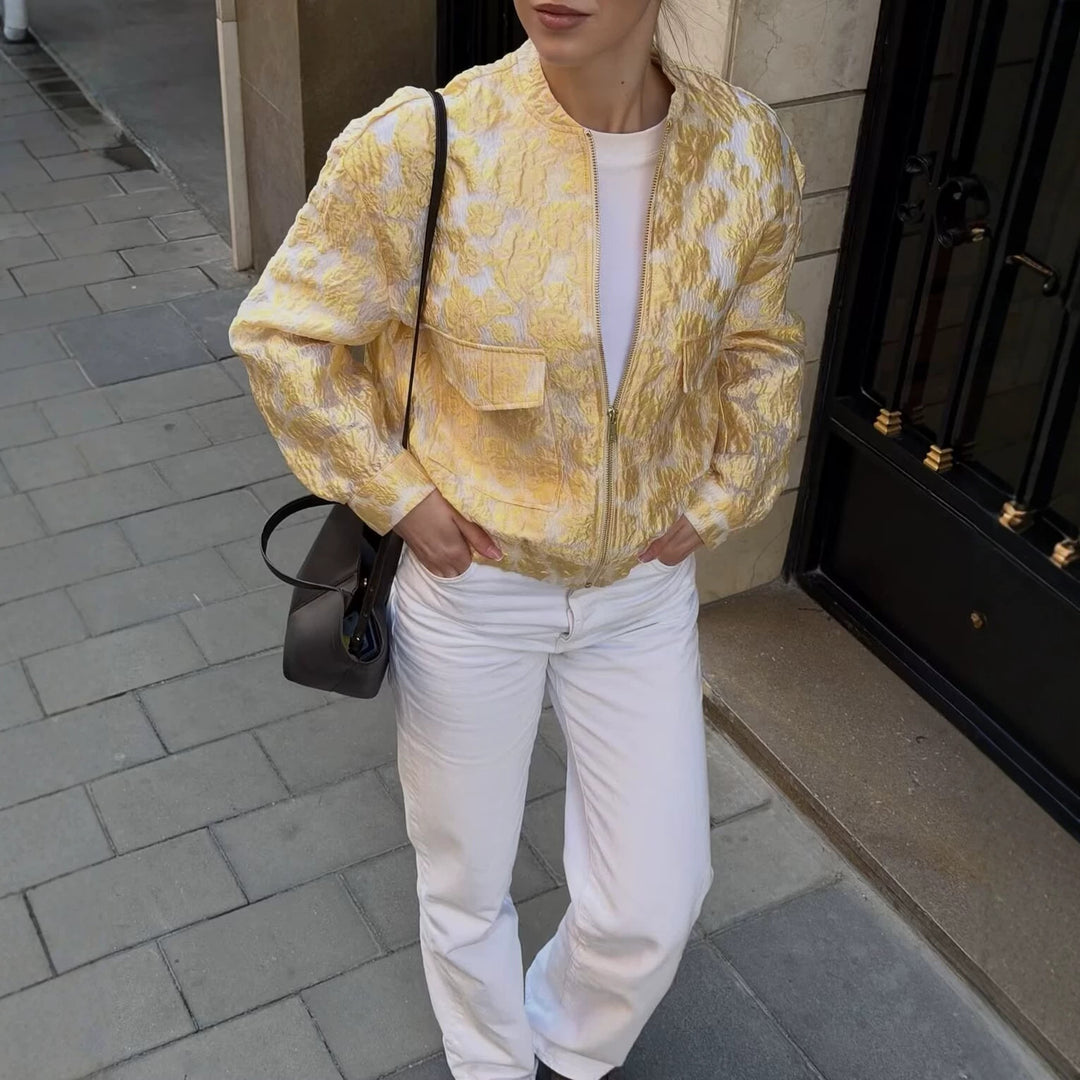 Damen Jacquard-Bomberjacke im Cropped-Boxy-Schnitt mit Pattentaschen Echoarchiv