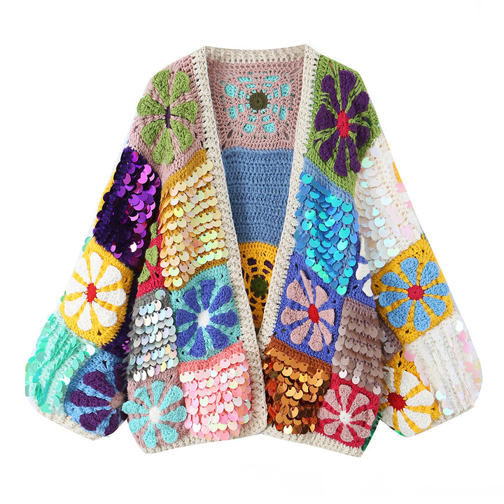 Damen verspielter Häkelpatchwork-Cardigan mit Pailletten und Blumenapplikationen Echoarchiv
