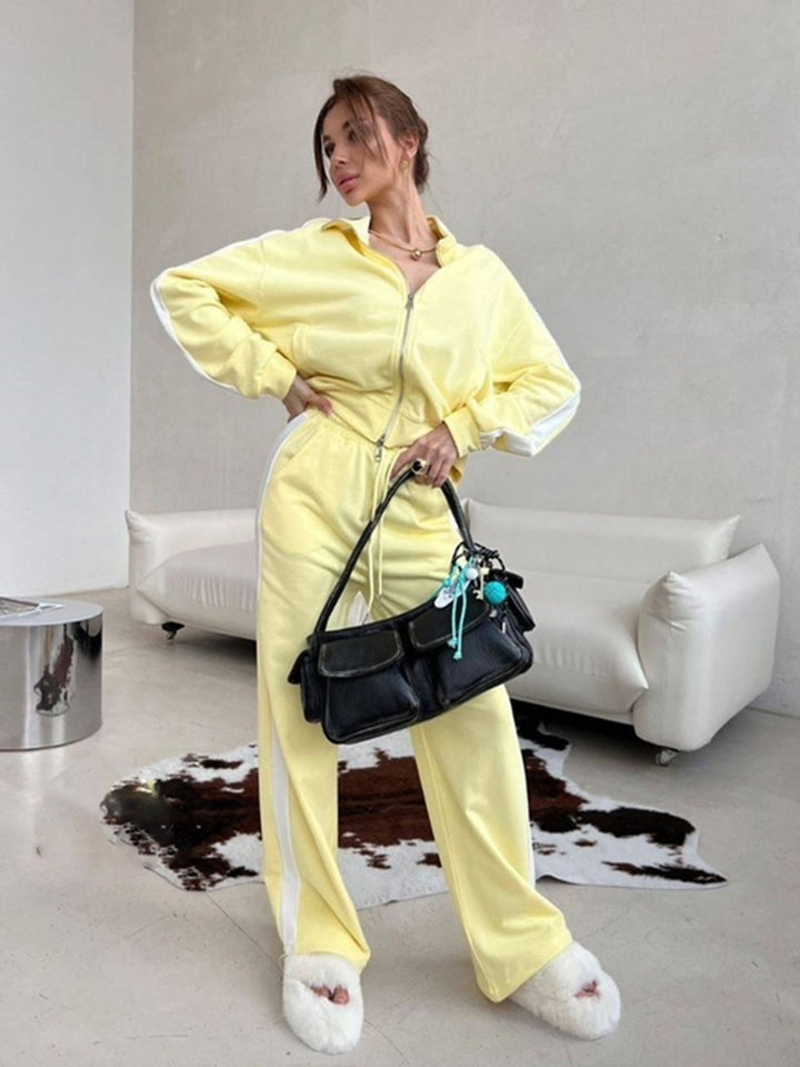 Damen Velours-Loungewear-Set mit Stehkragen, Zip-Jacke und weitem Palazzo-Hosenbein – Élanora
