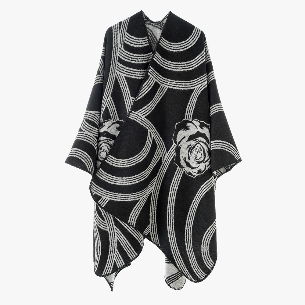 Damen Jacquard‑Capeponcho mit Rosendessin und Oversize‑Fall Echo Archiv