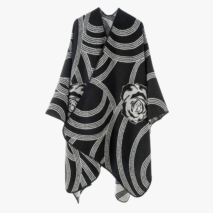 Damen Jacquard‑Capeponcho mit Rosendessin und Oversize‑Fall Echo Archiv