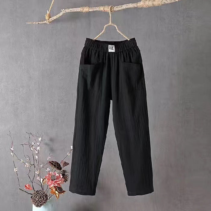Damen nan lässige Leinenmix-Hose mit elastischem Bund, geradem Bein und großen aufgesetzten Taschen Echo Archiv