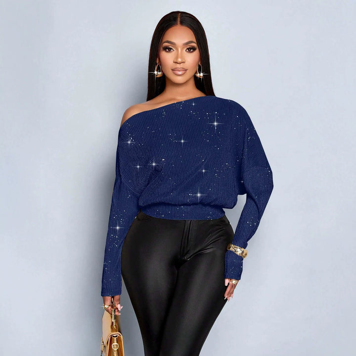Damen Off-Shoulder Rippstrick-Pullover mit Glitzereffekt und Batwing-Ärmeln Echo Archiv