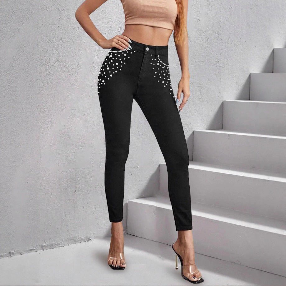 Damen Hochtaillierte Skinny-Jeans mit Perlenverzierung Echo Archiv