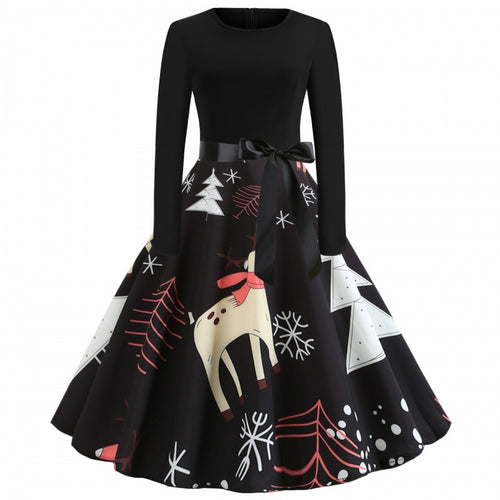 Damen festliches A-Linien Kleid mit weihnachtlichem Rentier-Print und Satin-Taillenband – Élara