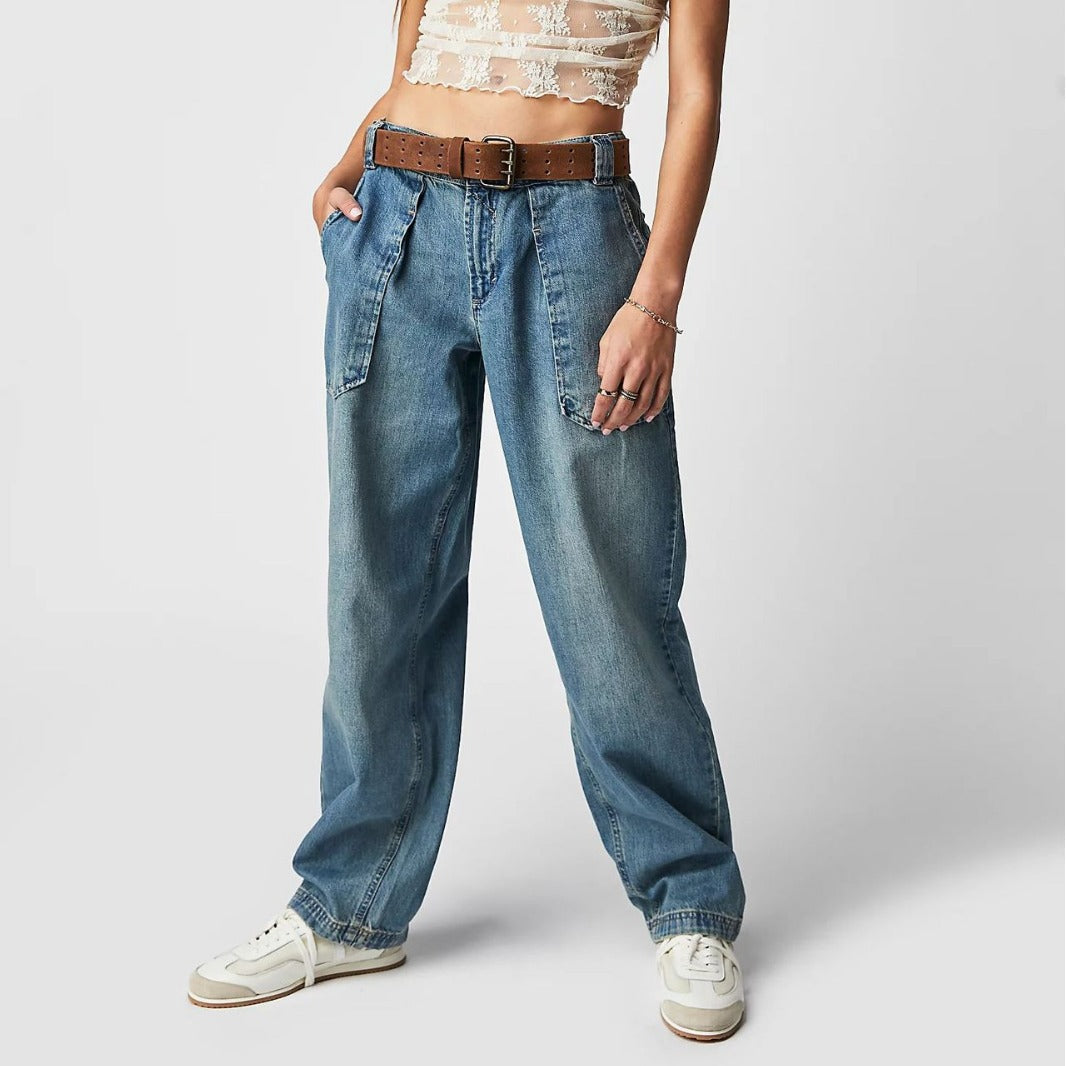Damen nan weite High-Waist Baggy-Jeans mit tiefem Schritt, Five-Pocket Design und extra-langen Beinen Echo Archiv