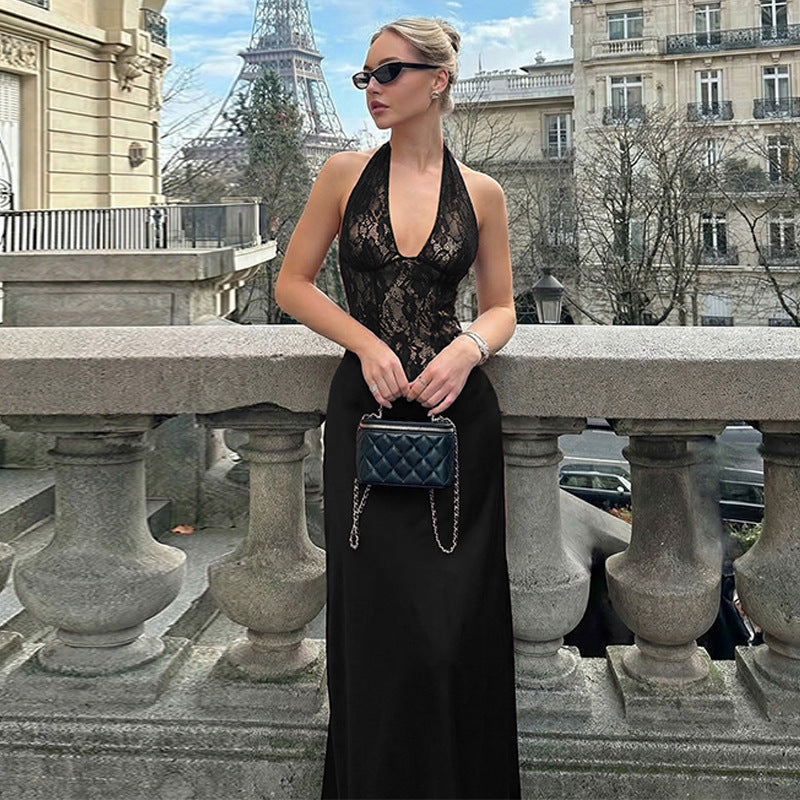 Damen Elegantes Maxikleid mit tiefem V-Ausschnitt und Spitzeneinsatz Echo Archiv