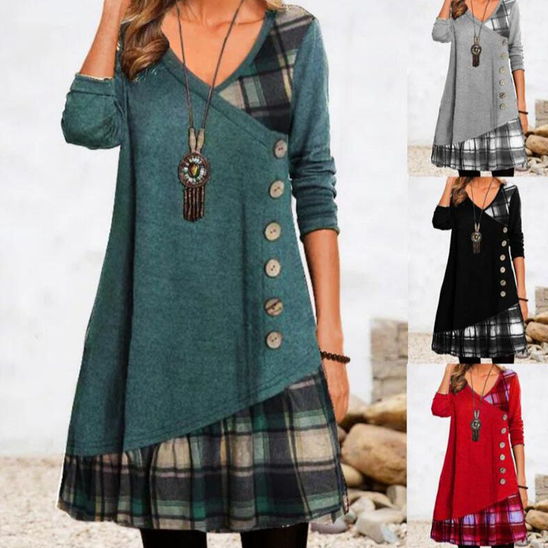 Damen nan asymmetrisches V-Ausschnitt-Tunika-Kleid mit Zierknopfleiste und Animalprint-Besatz Echo Archiv