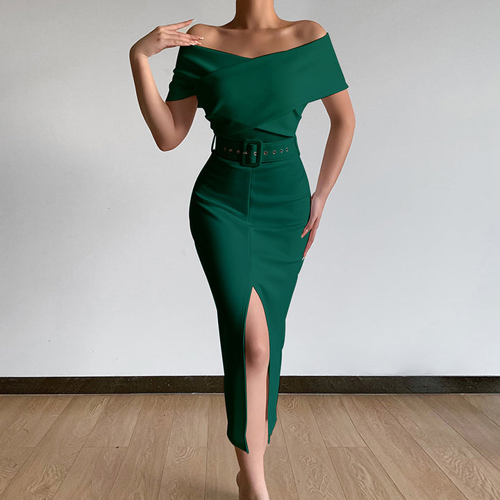 Damen Off-Shoulder Maxikleid mit Taillengürtel und seitlichem Schlitz Echo Archiv