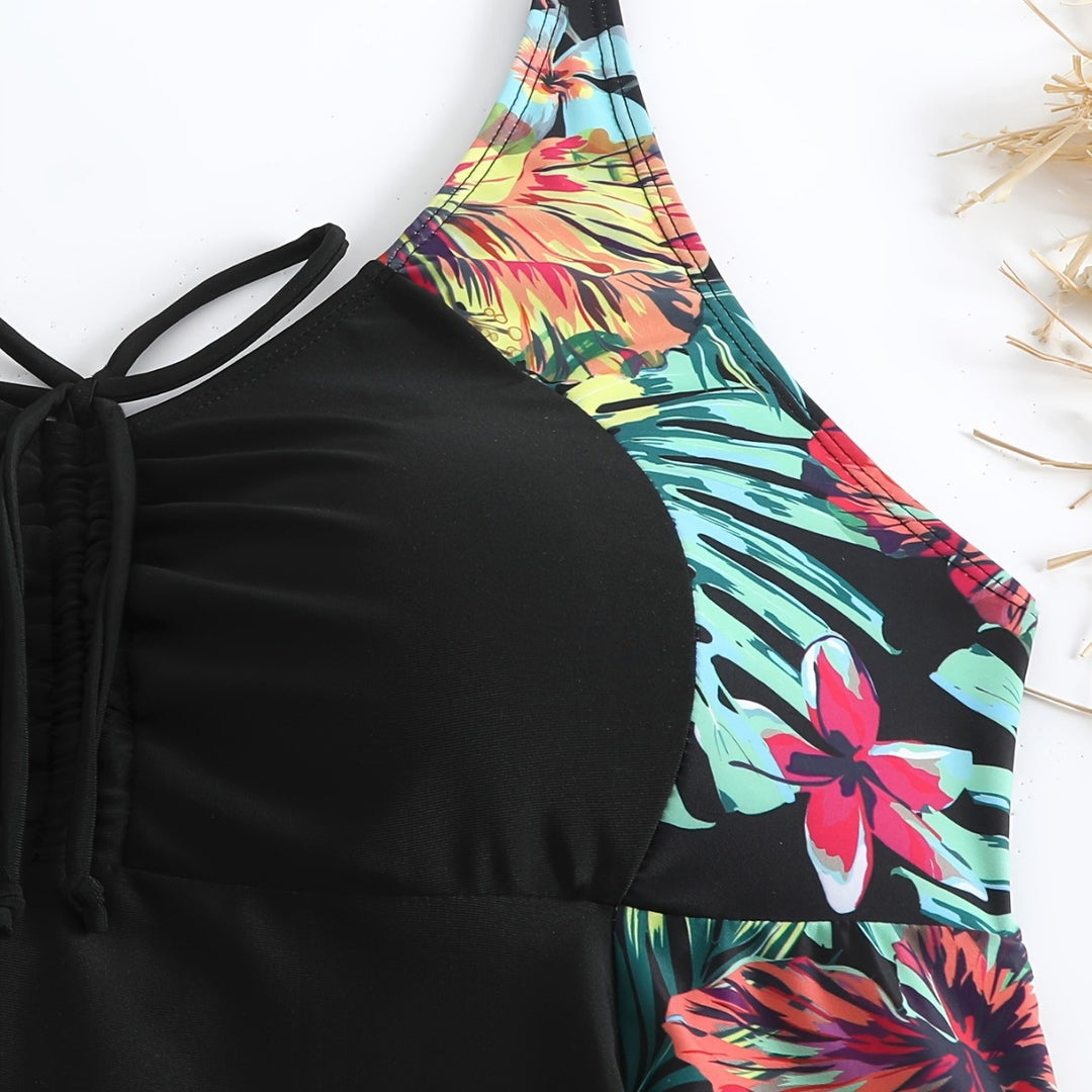 Damen Sportliches Badeanzug-Set mit floralem Seiteneinsatz Echo Archiv
