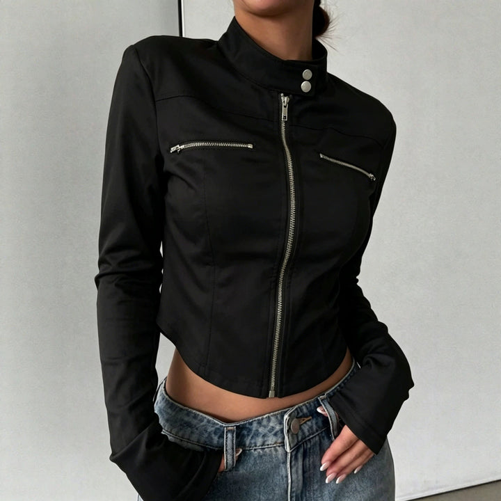 Damen Taillierte Bonded-Canvas-Bikerjacke mit Stehkragen und Brust-Reißverschlüssen Echoarchiv
