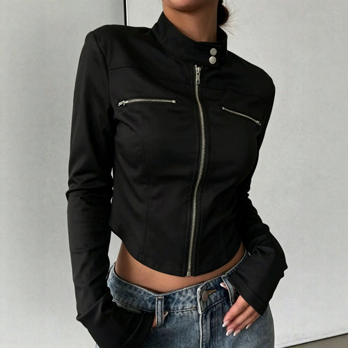 Damen Taillierte Bonded-Canvas-Bikerjacke mit Stehkragen und Brust-Reißverschlüssen Echoarchiv
