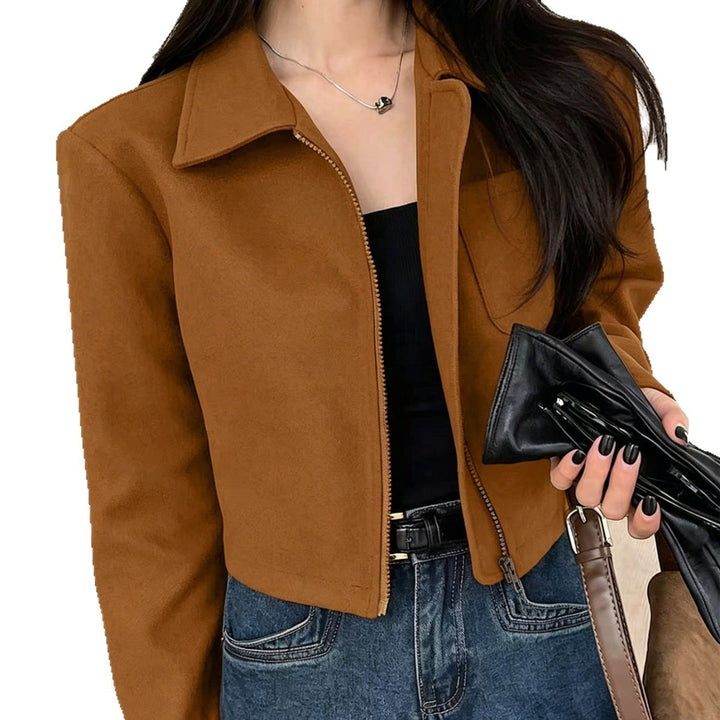 Damen Kurzjacke aus Wildlederimitat mit Reißverschluss und Hemdkragen – Célinea