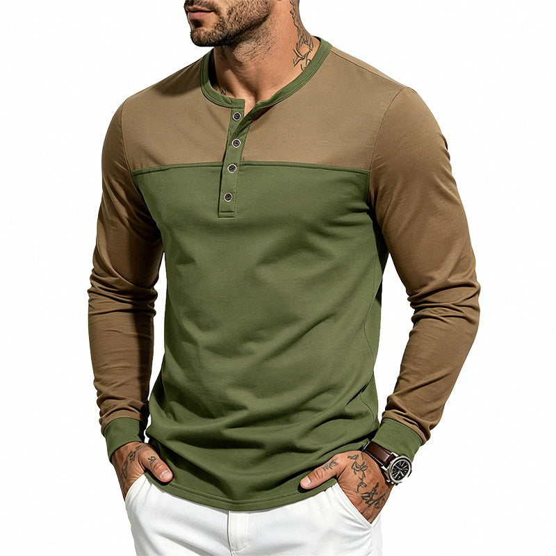 Herren Slim-Fit Henley-Langarmshirt mit Kontrastpaneel und Metallknopfleiste – Arvello