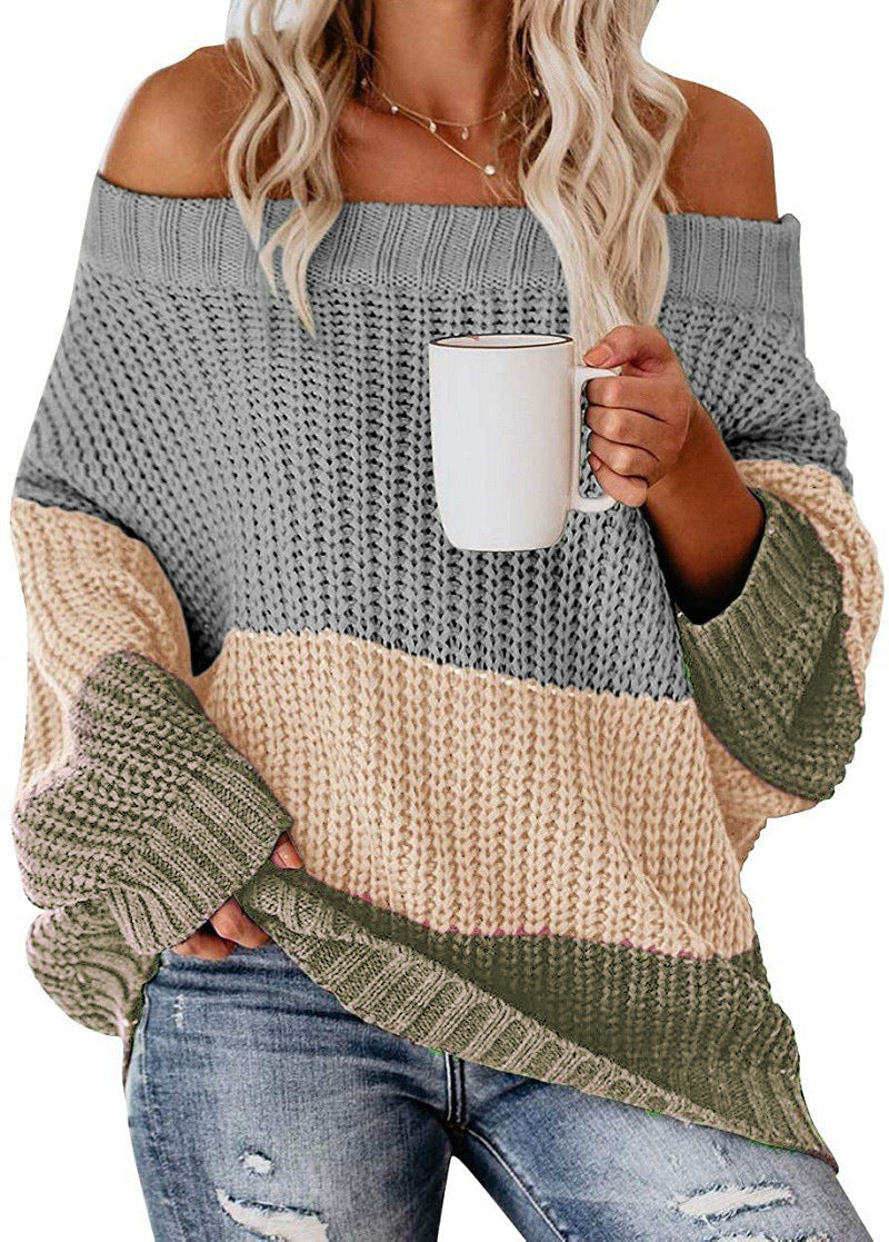 Damen Schulterfreier Oversize Blockstreifen Strickpullover Echo Archiv