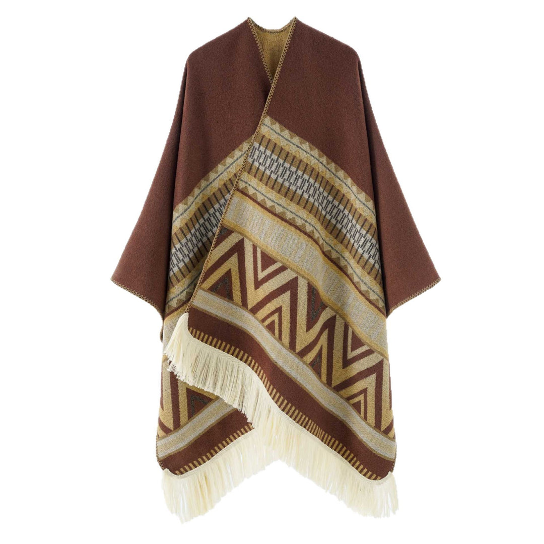 Damen Jacquard‑Ruana mit Fransen und folklorem Muster – Avérine