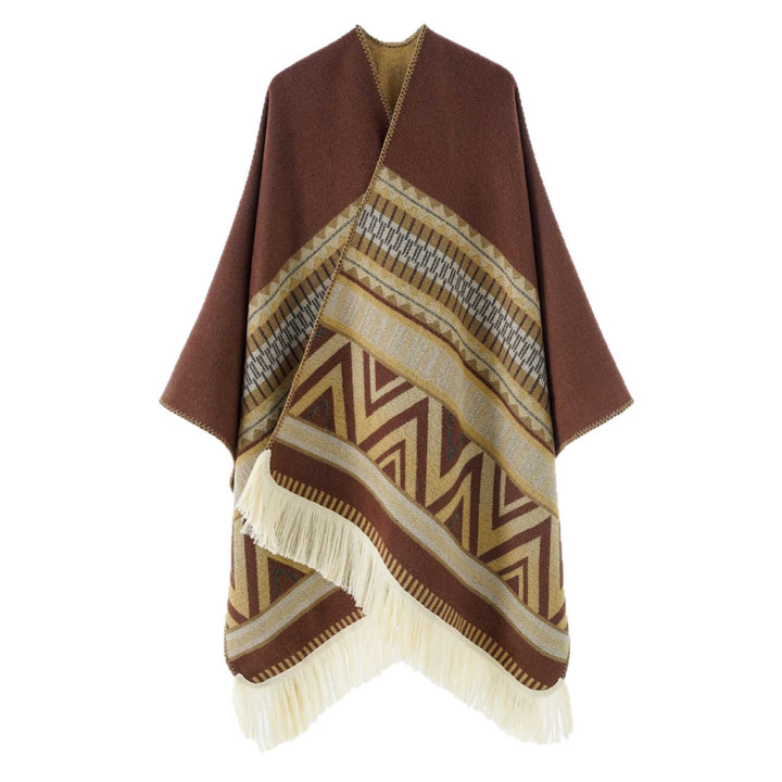 Damen Jacquard‑Ruana mit Fransen und folklorem Muster – Avérine