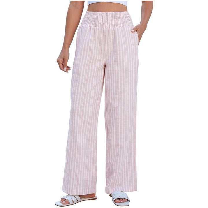 Damen Leichte Leinenhose mit weitem Bein, hoch geschnittener geraffter Gummibund und Seitentaschen Echo Archiv
