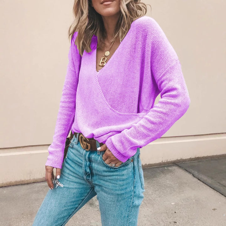 Damen Leichter Oversized Strickpullover mit Wickeloptik und V-Ausschnitt Echoarchiv