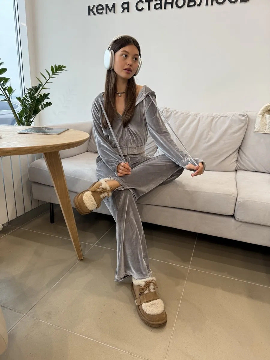 Damen samtiges Cropped-Kapuzen-Sweatset mit taillenhoher Jogginghose – Auréline