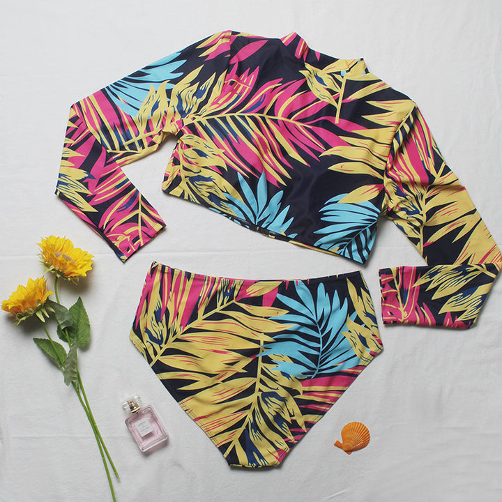 Damen Surf-Bikini-Set mit langärmligem Oberteil und buntem Palmendruck Echo Archiv