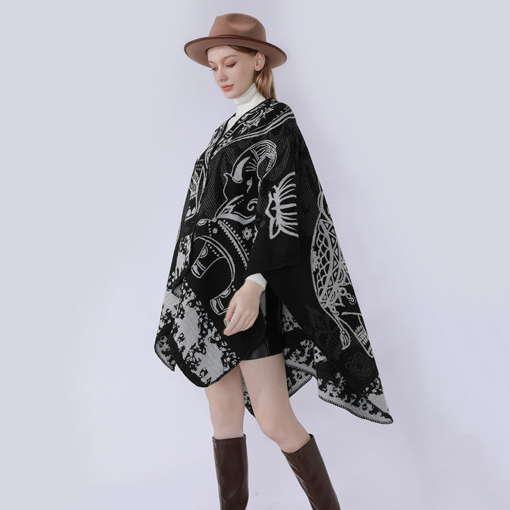Damen Jacquard-Kimono-Cape aus Wollmix mit ornamentalen Tiermotiven – Célinea