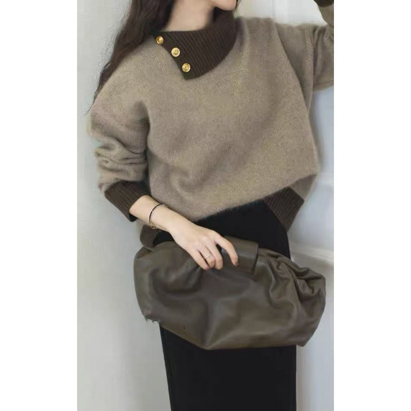 Damen Kurzgeschnitteter Pullover mit asymmetrischem Knopf‑Mockneck und Ballonärmeln Echoarchiv