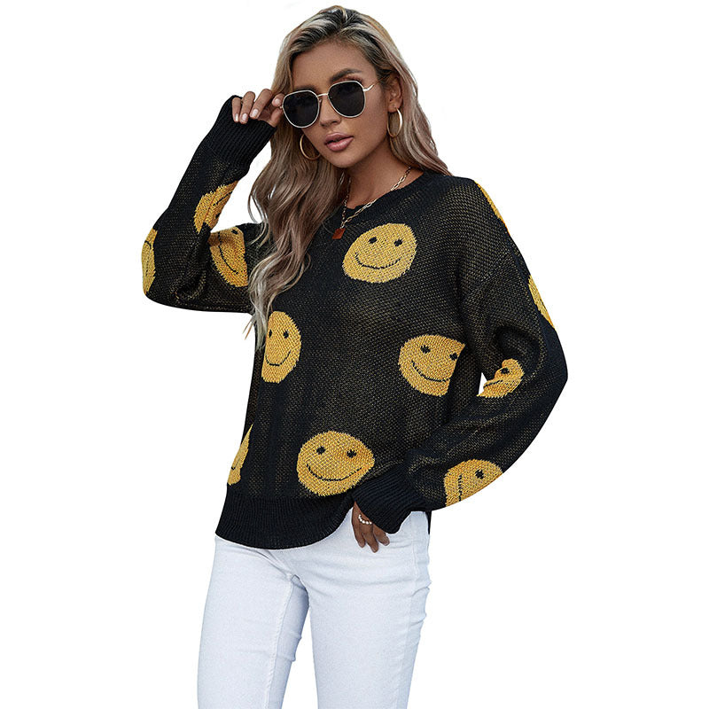 Damen lässiger Strickpullover mit Smiley‑Jacquard und Rundhalsausschnitt Echoarchiv