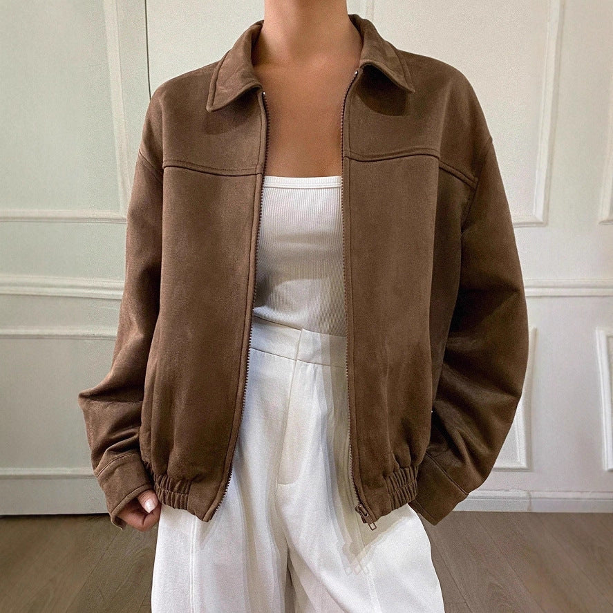 Damen Oversized Wildlederoptik Bomberjacke mit Reißverschluss und elastischem Saum – Avenza