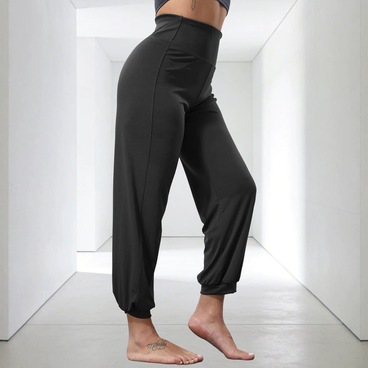 Damen weiche High-Waist Relax-Hose mit weitem Bein, elastischem Komfortbund und gekräuseltem Knöchelabschluss – Avélisse