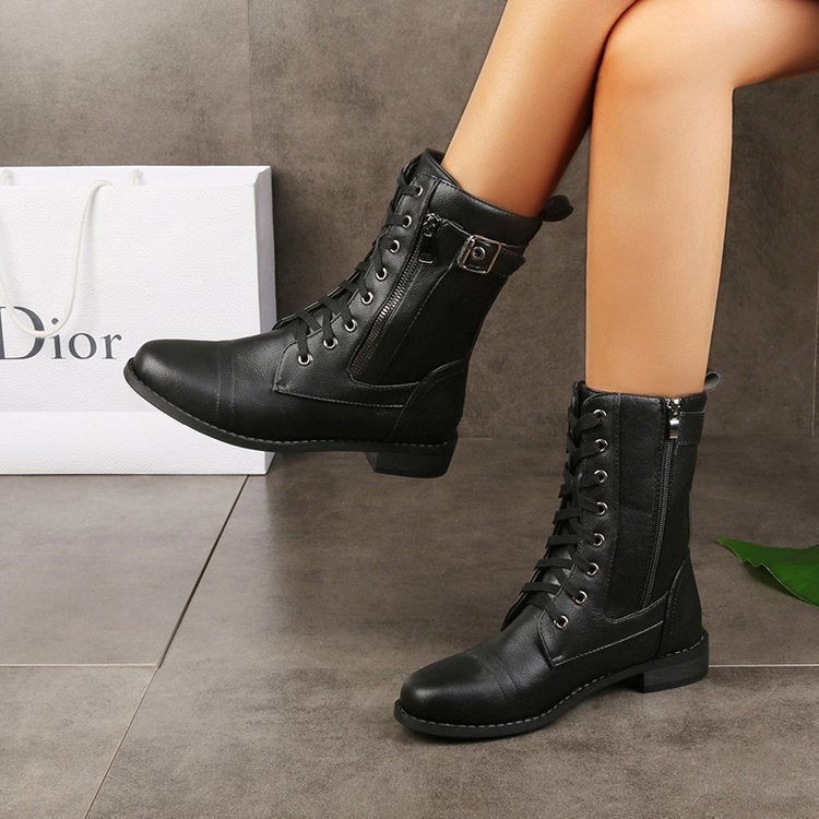 Damen Schnürstiefel mit seitlichem Reißverschluss und Zier-Riemen knöchelhoch Vintage-Bikerstiefel Echo Archiv
