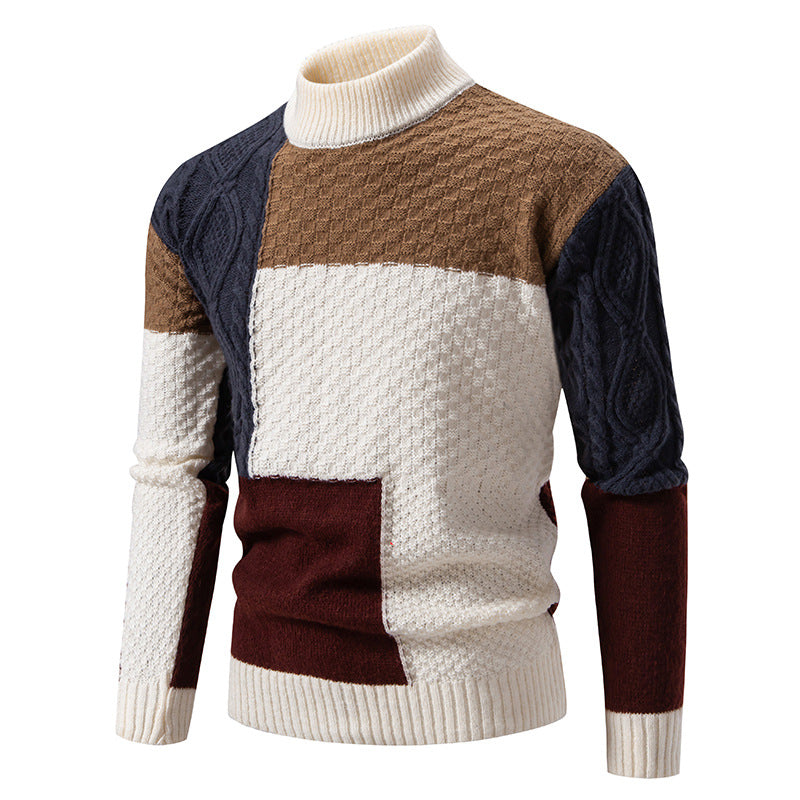 Herren nan strukturierter Patchwork-Strickpullover mit hohem Stehkragen und kombinierten Strickmustern Echo Archiv
