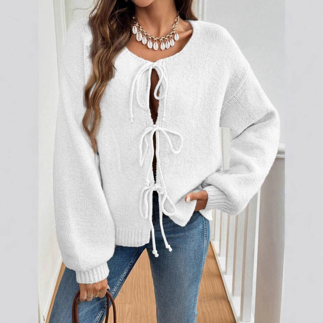 Damen Kurzcardigan mit Bindebändern, Oversize‑Silhouette und Ballonärmeln – Veloura