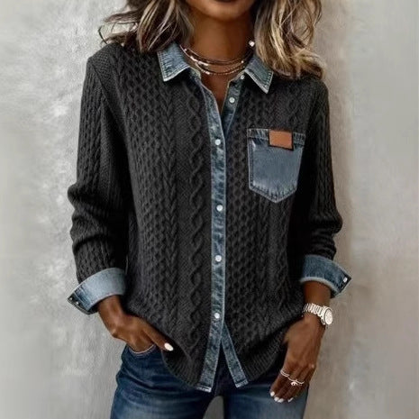 Damen Strickjacke mit Denim-Look-Kragen, dekorativer Knopfleiste und Brusttasche – Veloura