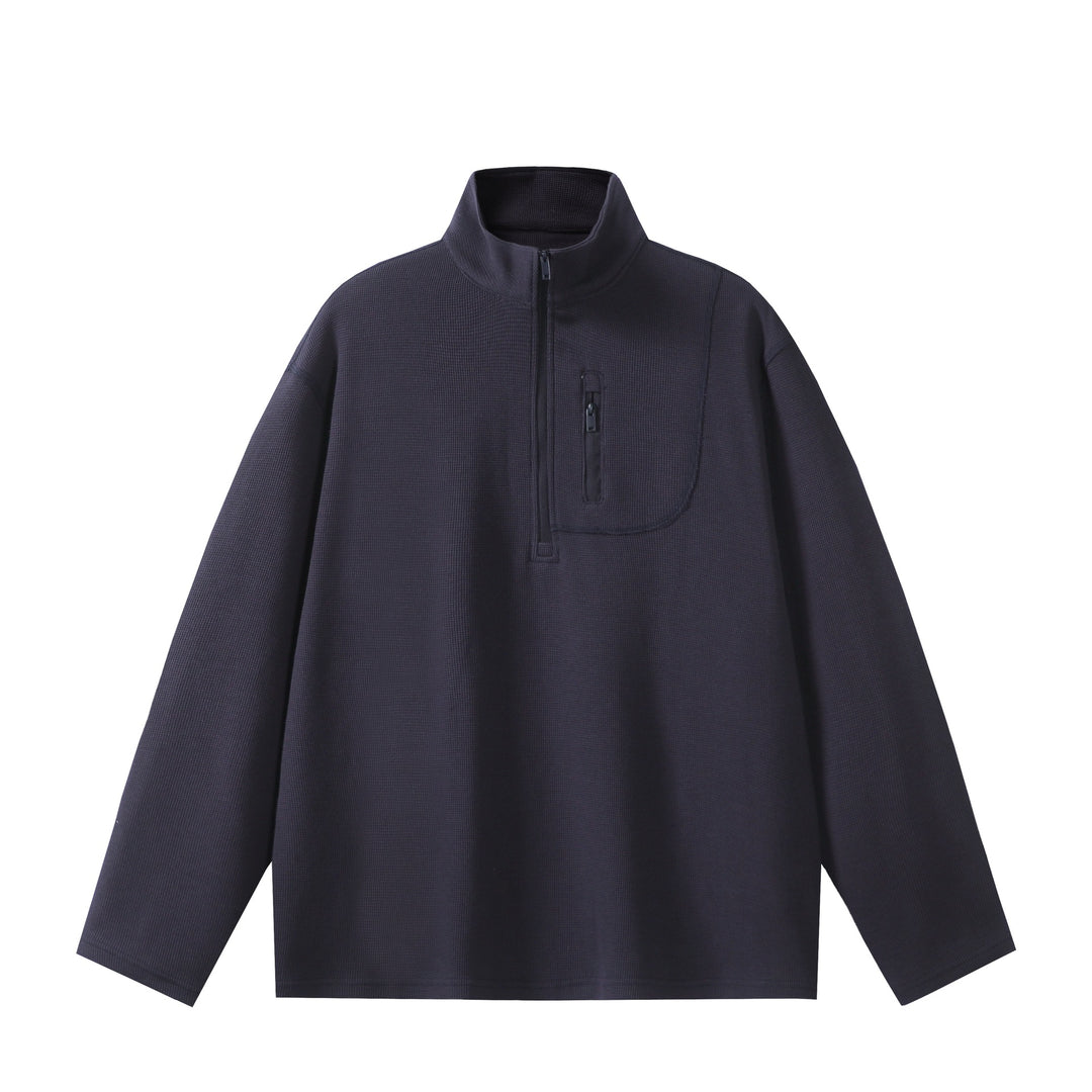 Unisex Leichter Waffelstrick-Halbzip-Pullover mit Stehkragen und Brustzippertasche Echoarchiv