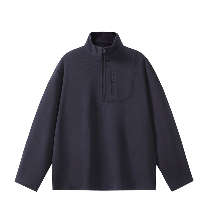 Unisex Leichter Waffelstrick-Halbzip-Pullover mit Stehkragen und Brustzippertasche Echoarchiv