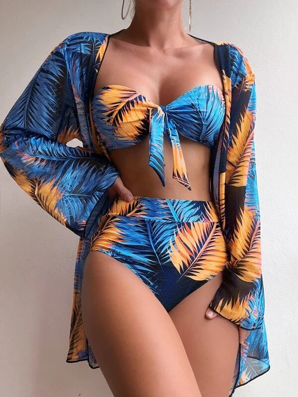 Damen Bandeau-Bikini mit floralem Design und passendem Kimono Echo Archiv
